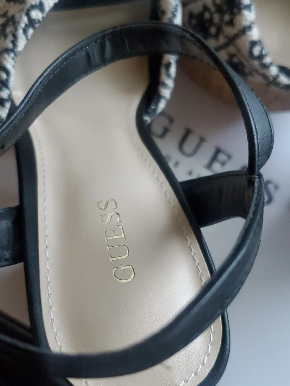GUESS Black and Ivory Patterned Cork Platform Wedge Sandals